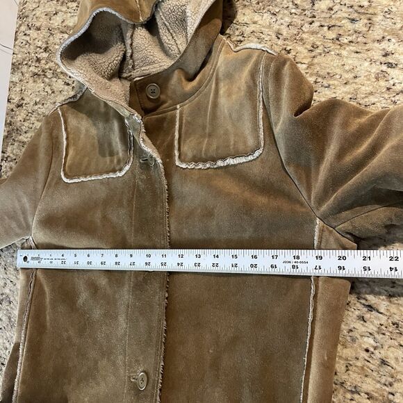 Vtg Gap Y2K Tan Suede Leather Patchwork Coat Womens Sz M Sherpa Lined Hooded - Picture 8 of 9